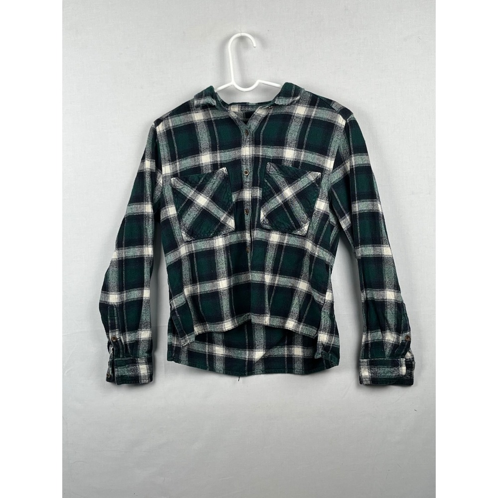 Forever 21 Plaid Flannel Shirt Womens Medium Green White High Low Button Down